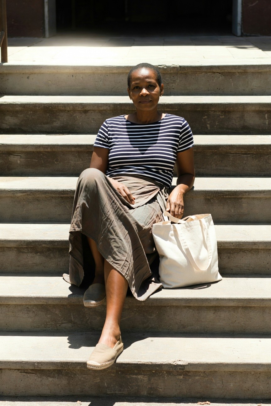 Black woman seated on concrete steps wearing a navy and white striped short sleeve top tucked into a taupe draped midi skirt with beige espadrille flats and holding a white canvas tote bag.