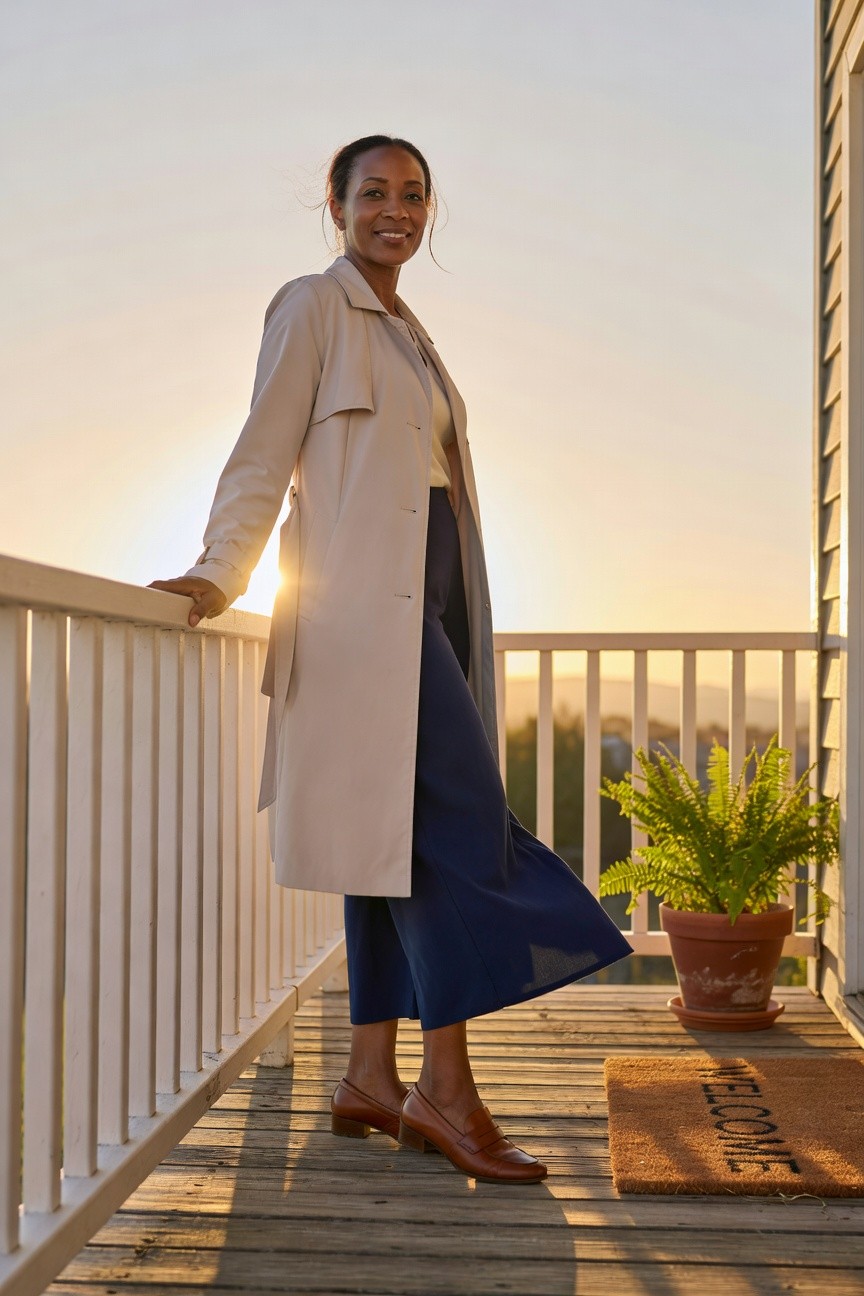 Trench Coat With Wide Leg Navy Pants
