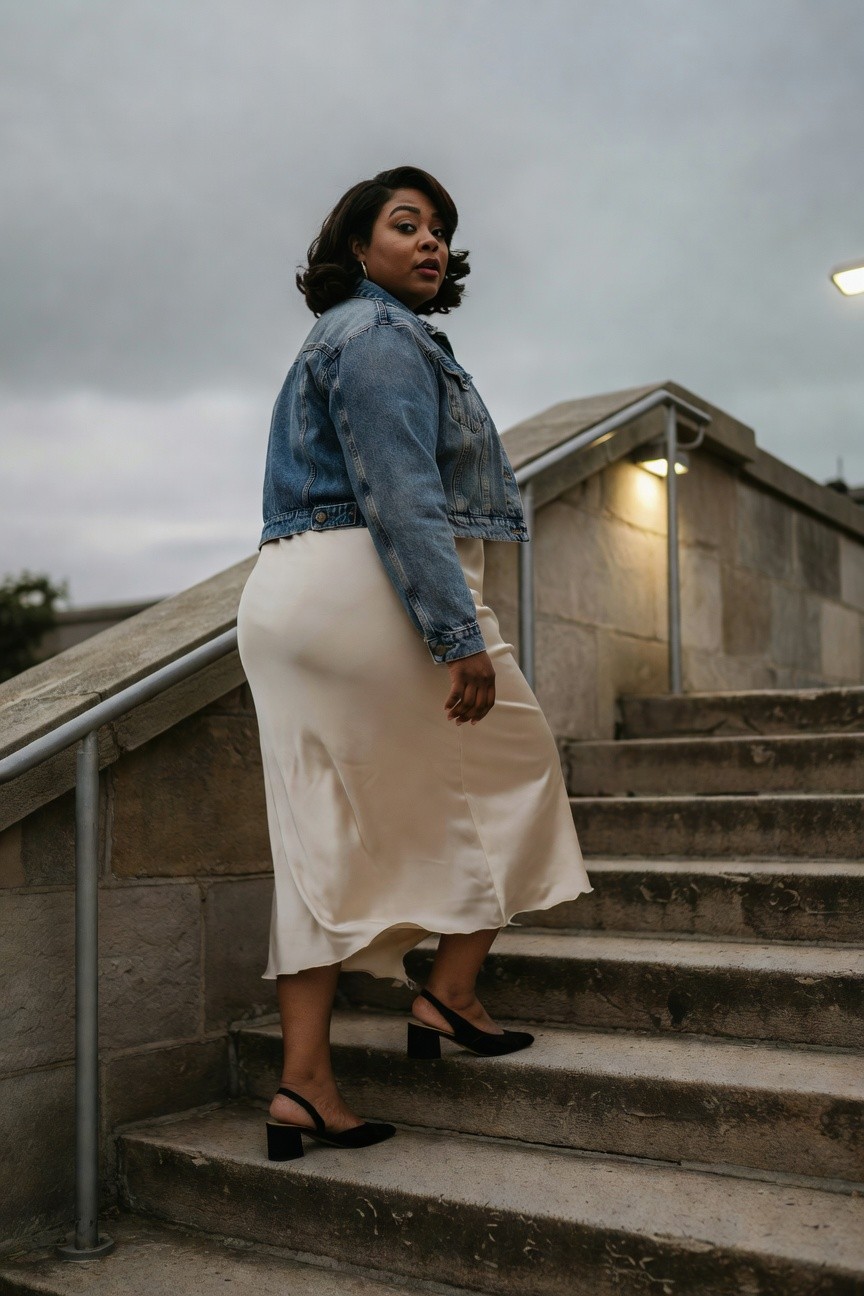 Denim Jacket Over A Satin Skirt