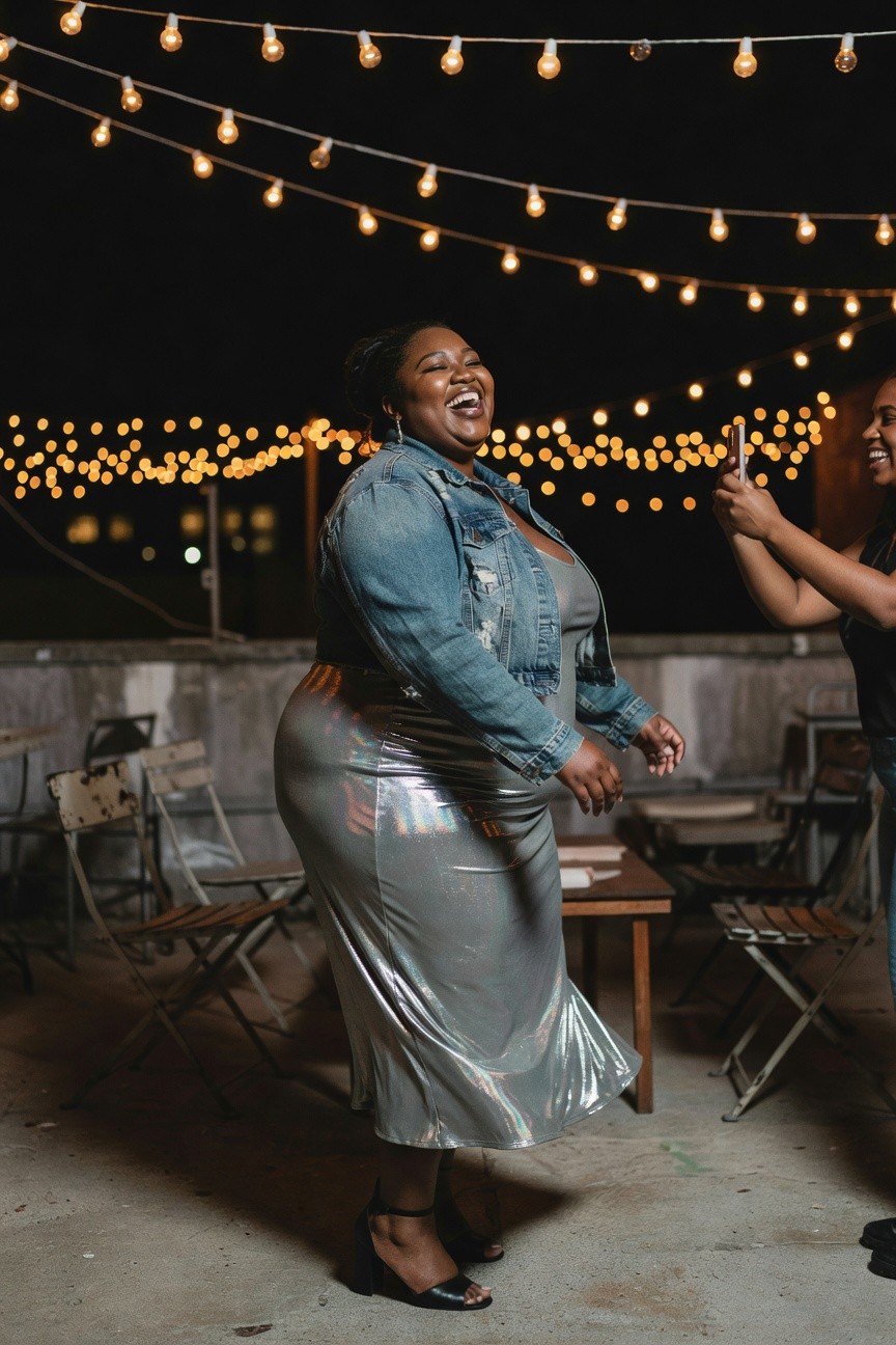 Denim Jacket With A Metallic Midi Skirt