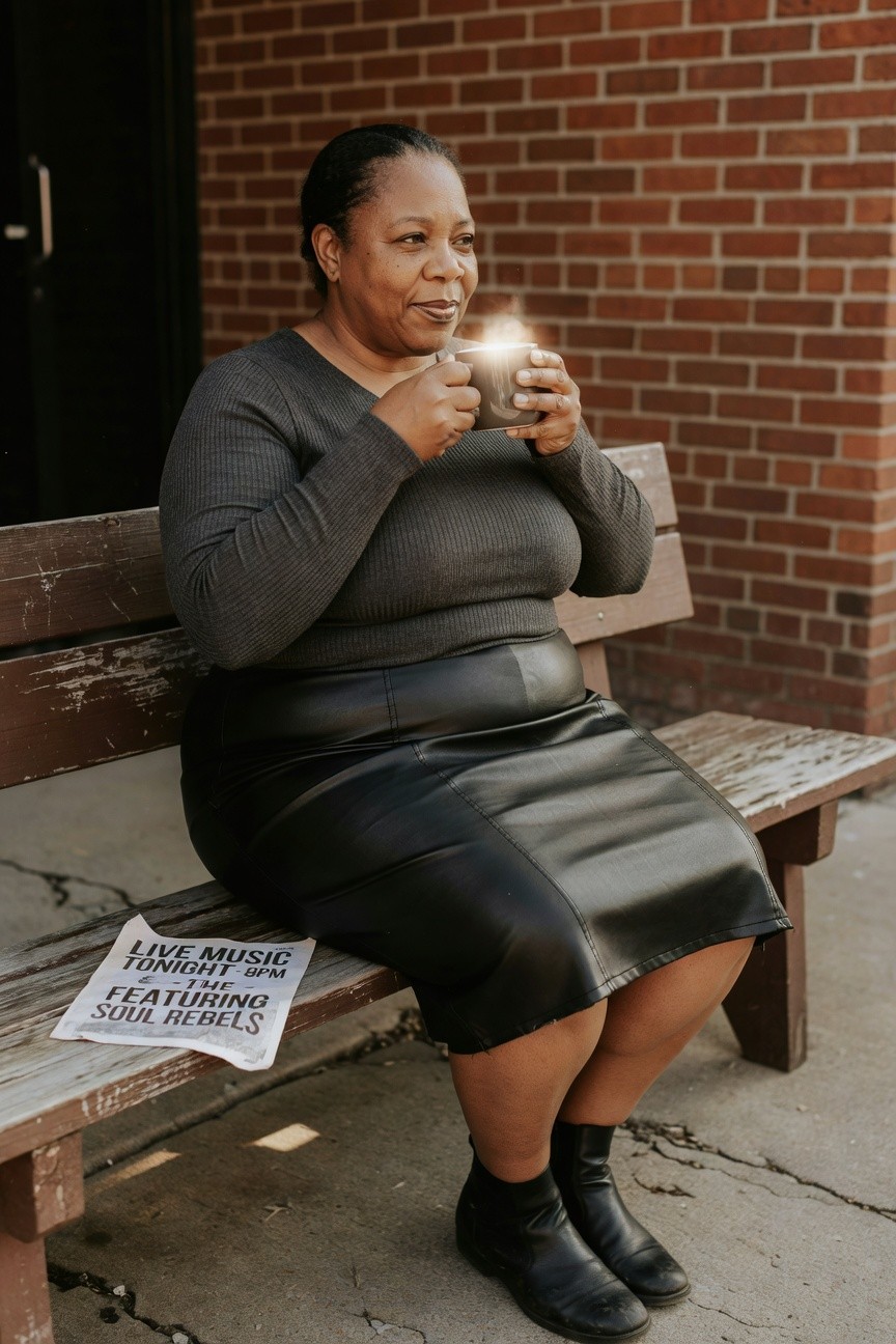Plus size Black woman in gray ribbed long sleeve top tucked slightly into black leather midi skirt with black ankle boots sitting on wooden bench holding mug