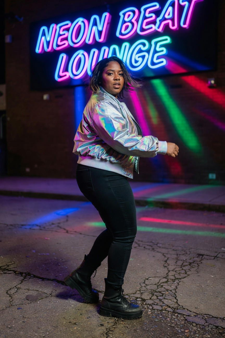 Iridescent Bomber Jacket And Black Jeans