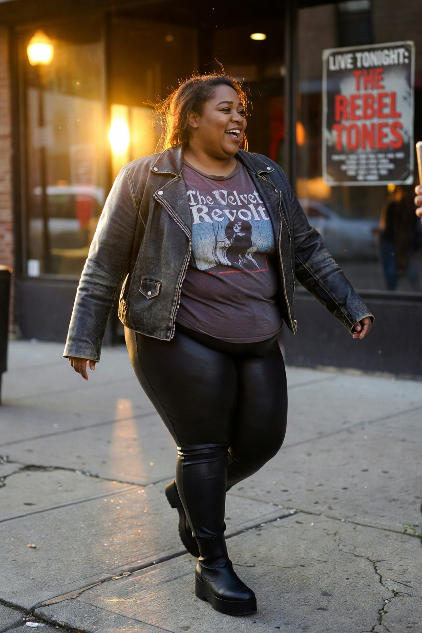 Leather Jacket Over Band Tee And Leggings