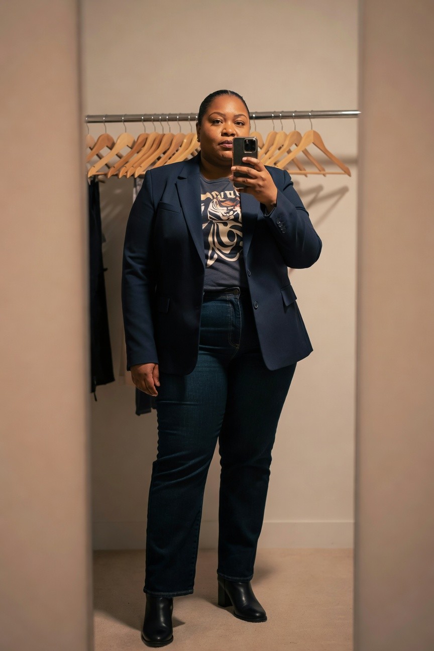 Navy Blazer With Graphic Tee And Jeans