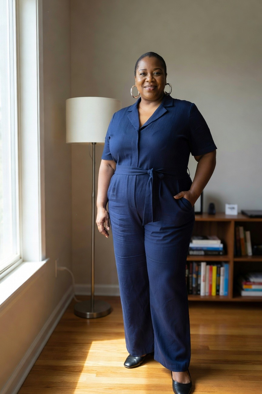 Navy Jumpsuit With Front Tie Accent