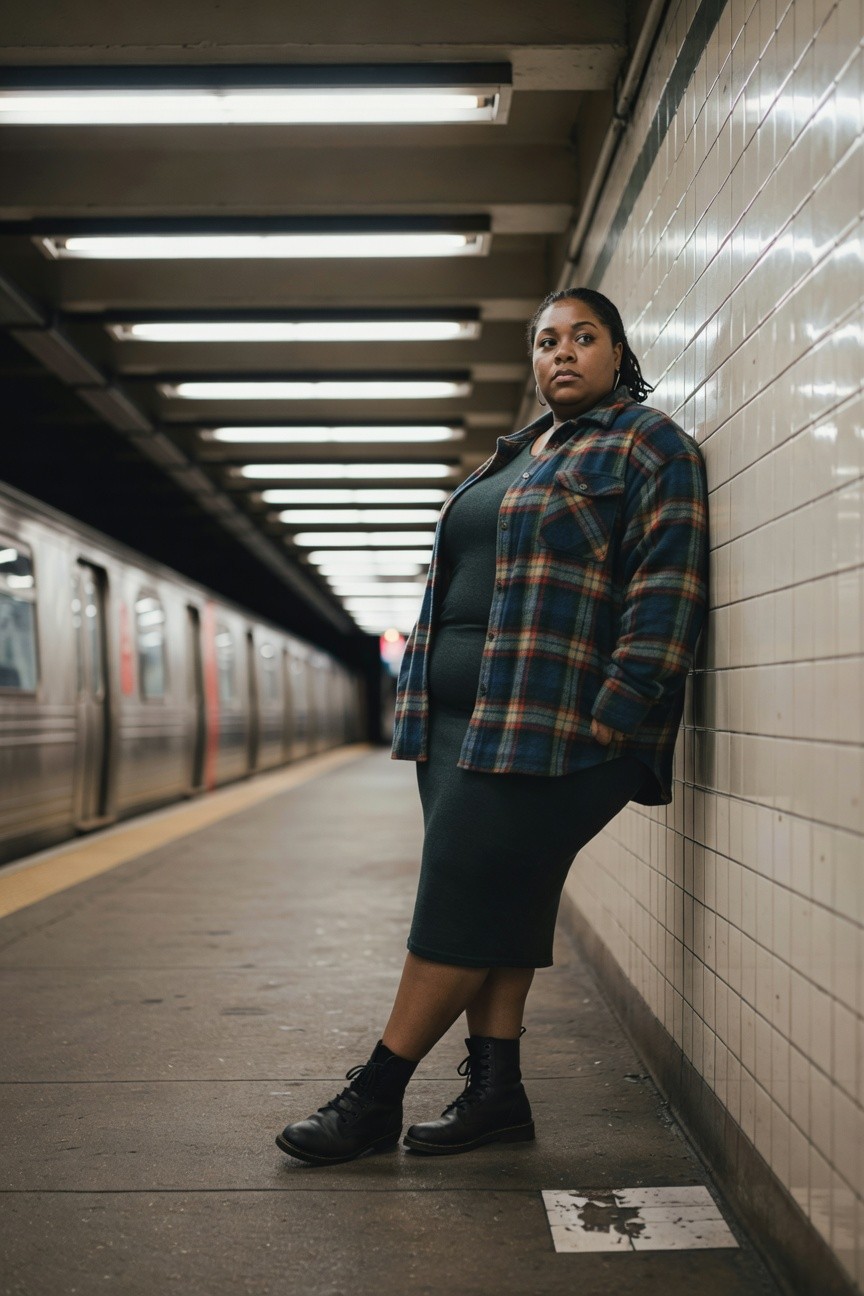 plus size woman wearing a dark green midi dress under an open blue and orange plaid flannel shirt with black combat boots standing on a subway platform