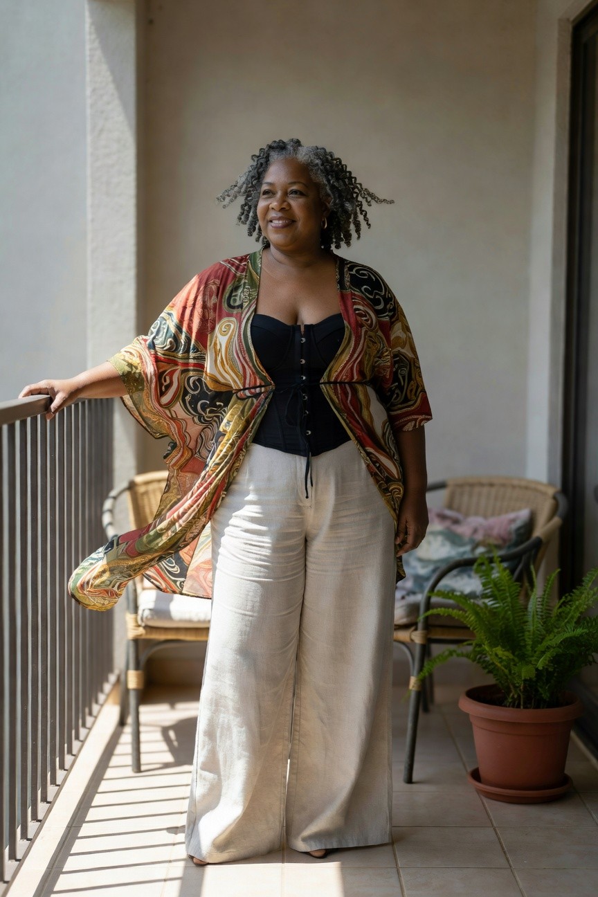 Plus size Black woman wearing an open colorful abstract print kimono jacket over a black corset top and white wide leg pants standing on a balcony.
