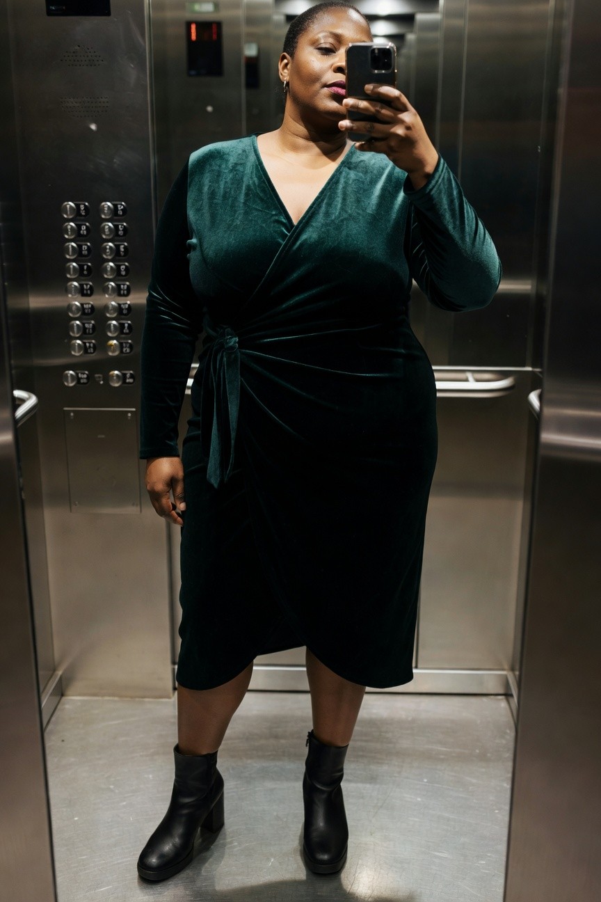 Velvet Wrap Dress With Ankle Boots