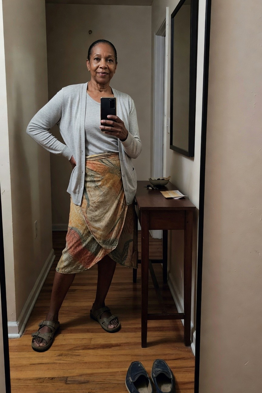 Cardigan Over A Printed Wrap Skirt