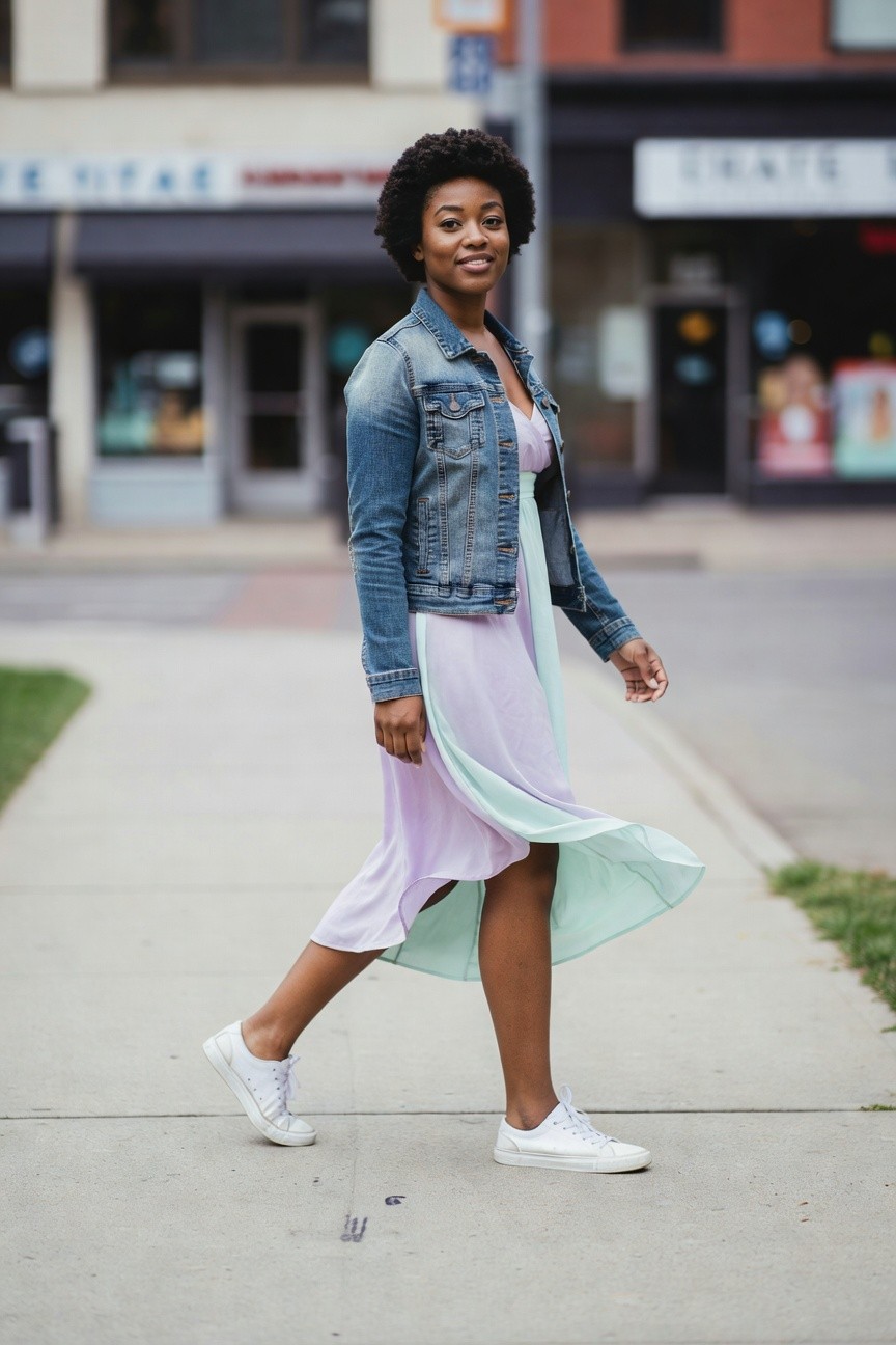 Denim Jacket Over A Flowy Pastel Dress