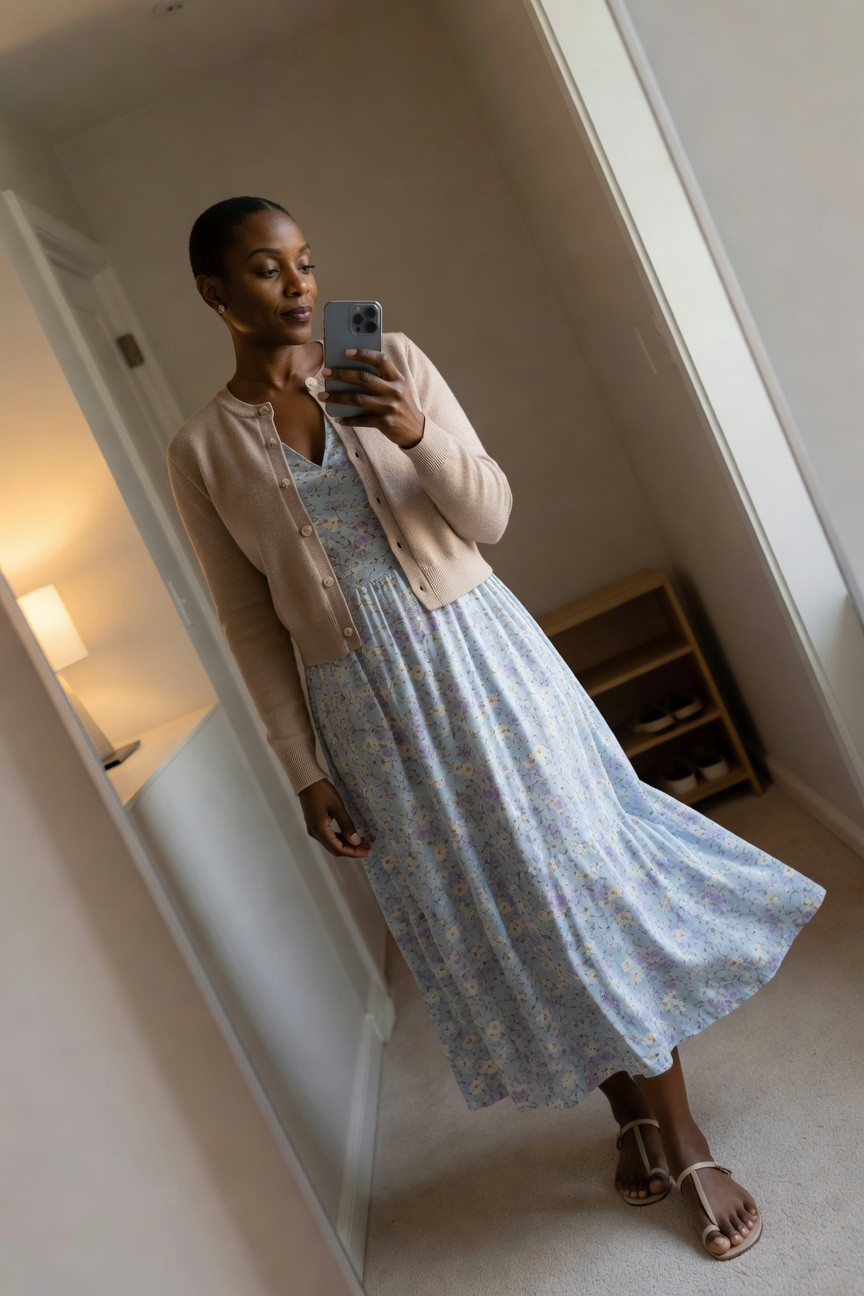 Floral Midi Dress With A Cozy Cardigan