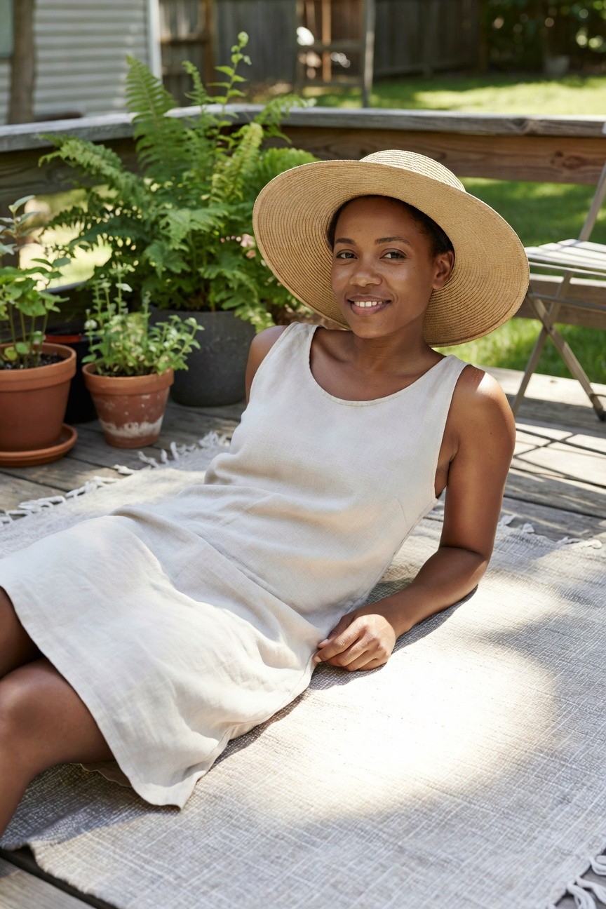 Black woman wearing a loose sleeveless beige linen shift dress and large natural straw hat while seated on a woven rug outdoors.