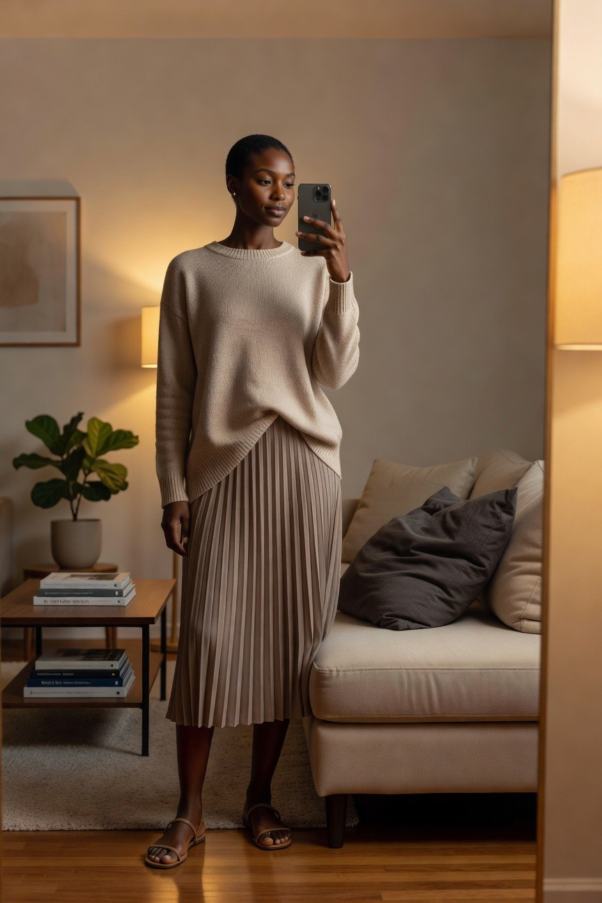Neutral Knit Sweater And Pleated Skirt