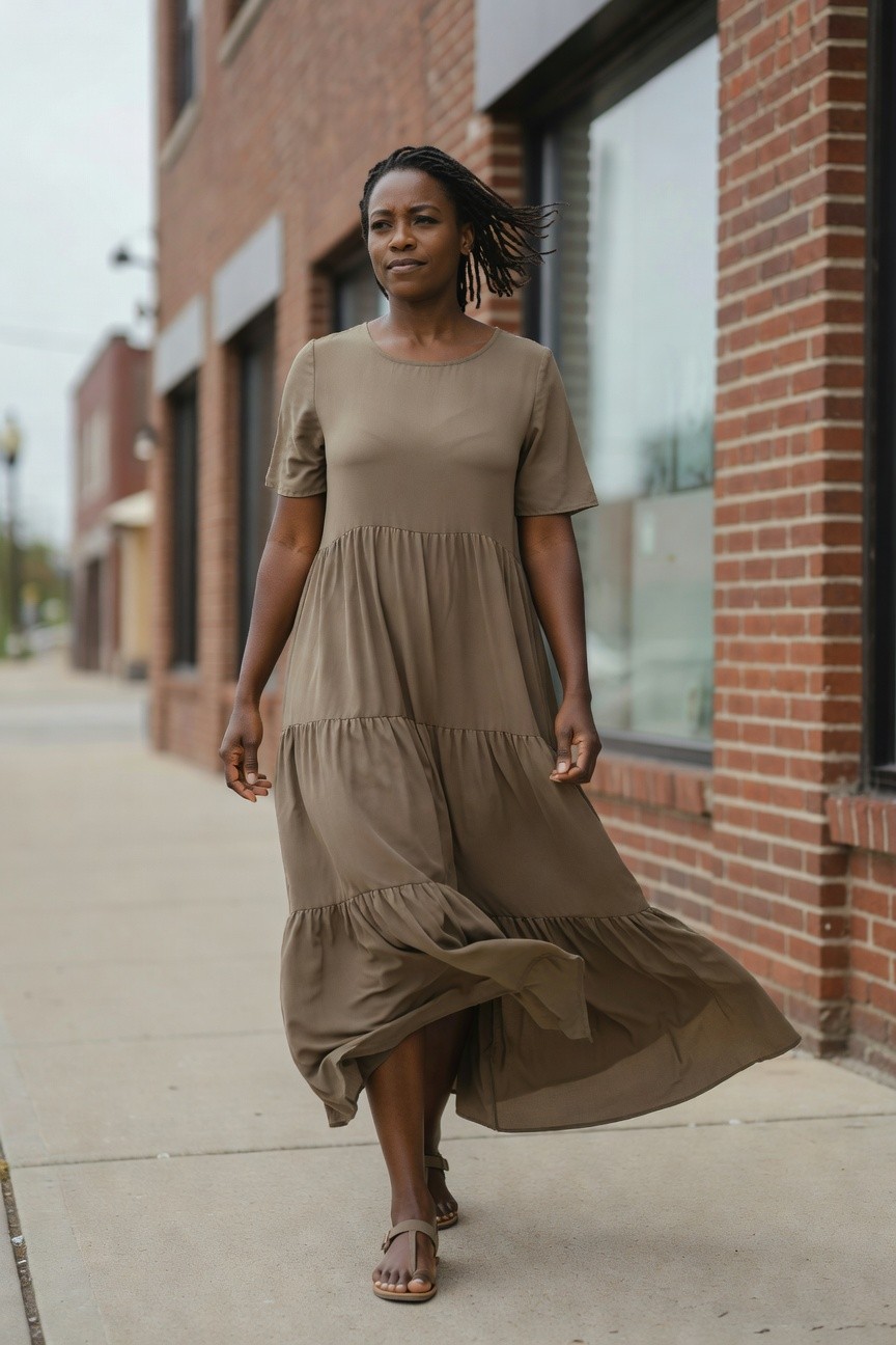 Neutral Tiered Midi Dress