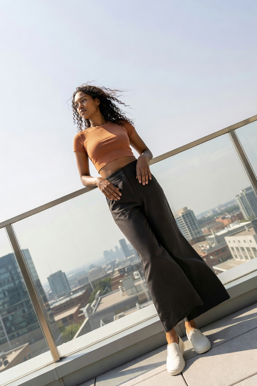 Orange Crop Top And Brown Wide Pants