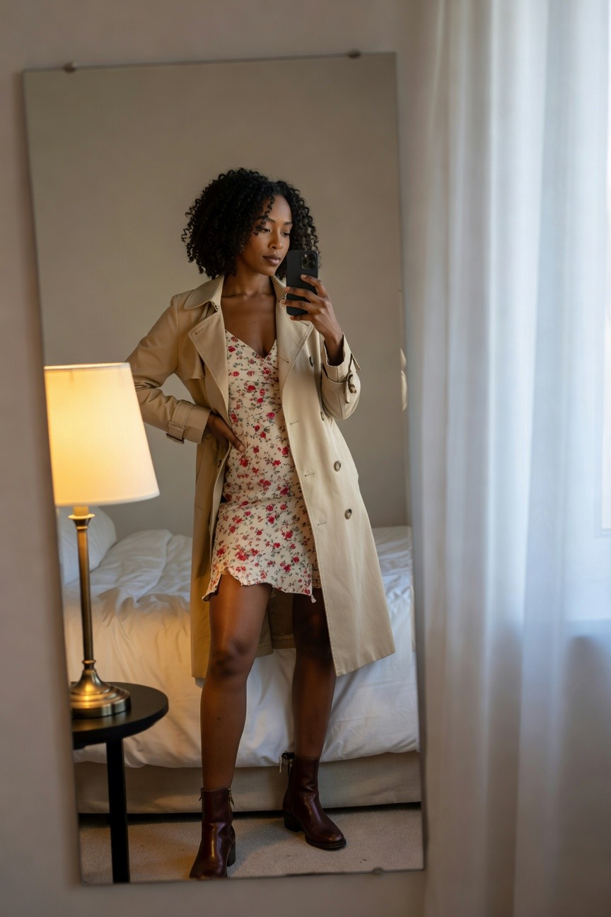 Trench Coat Over Floral Mini Dress