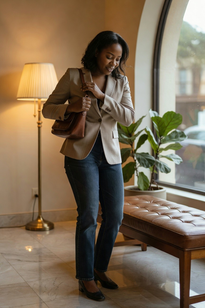 Beige Blazer And Jeans
