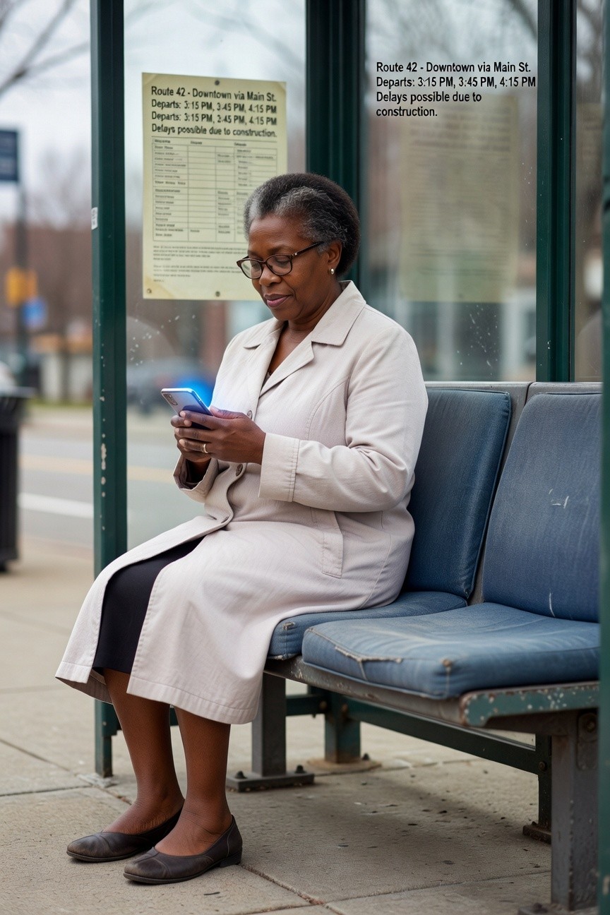 Woman in a beige coat over a black midi skirt paired with brown flats sitting on a bench while checking her phone.