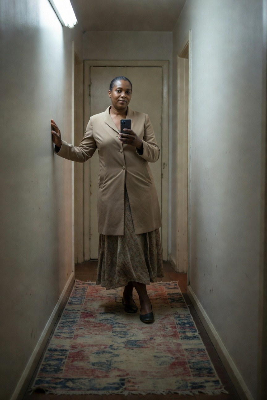 Beige Coat Over A Printed Dress