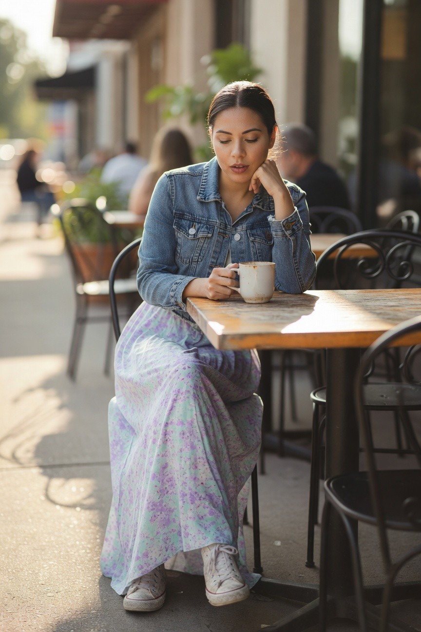 Denim Jacket Over Floral Maxi Dress