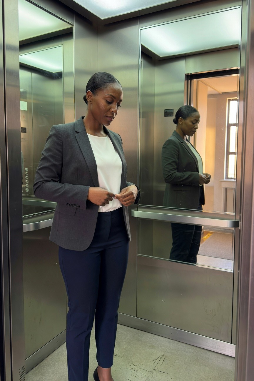 Black woman wearing a fitted gray blazer over a white top with navy slim pants while adjusting her sleeve in an elevator setting