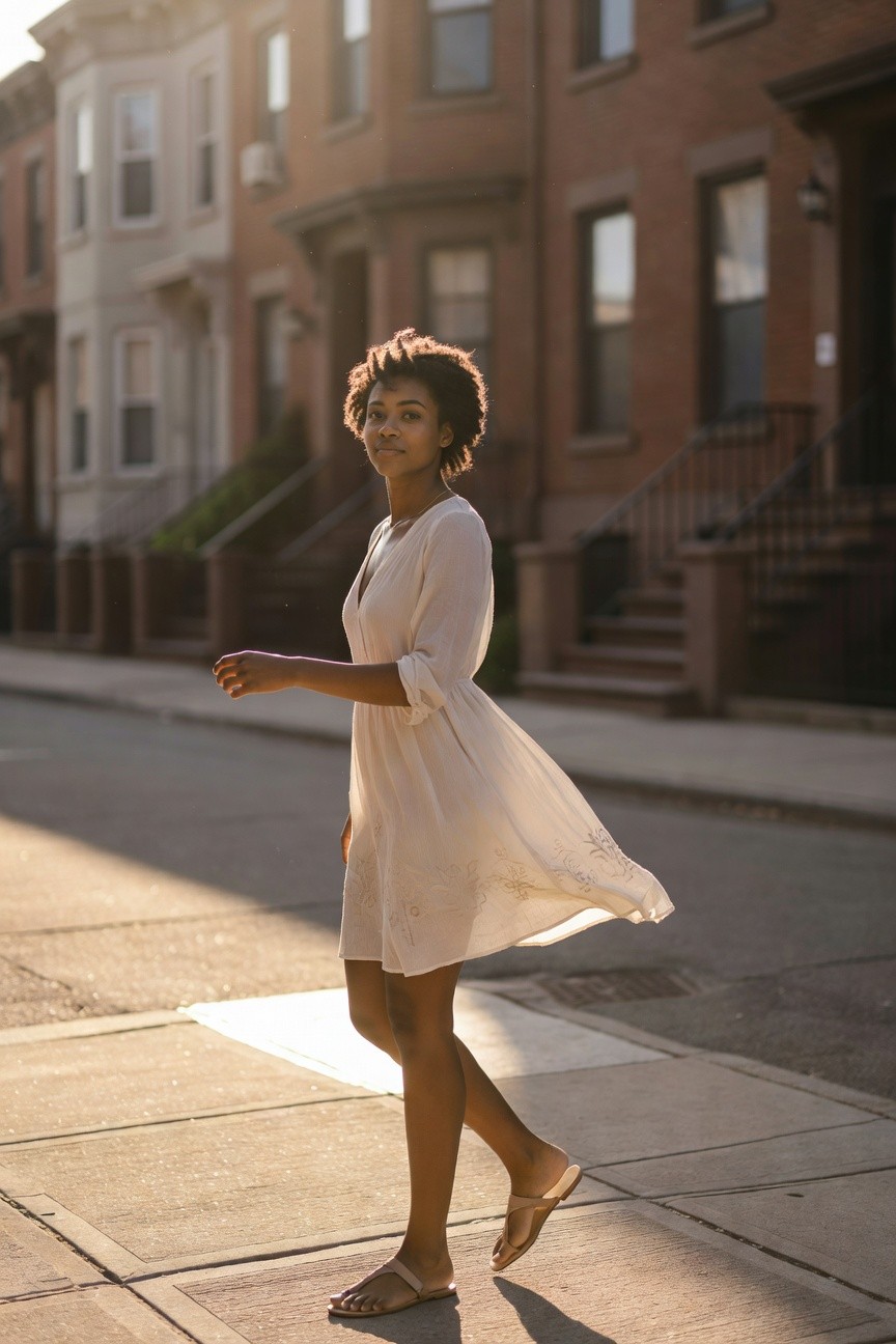Light Mini Dress And Neutral Sandals