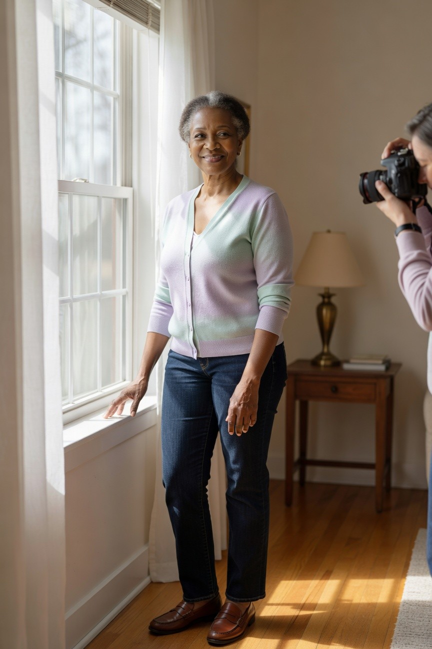 Older Black woman wearing a pastel ombre cardigan in lavender to mint tones buttoned over a v neck top with dark blue straight leg jeans and brown leather loafers standing indoors.