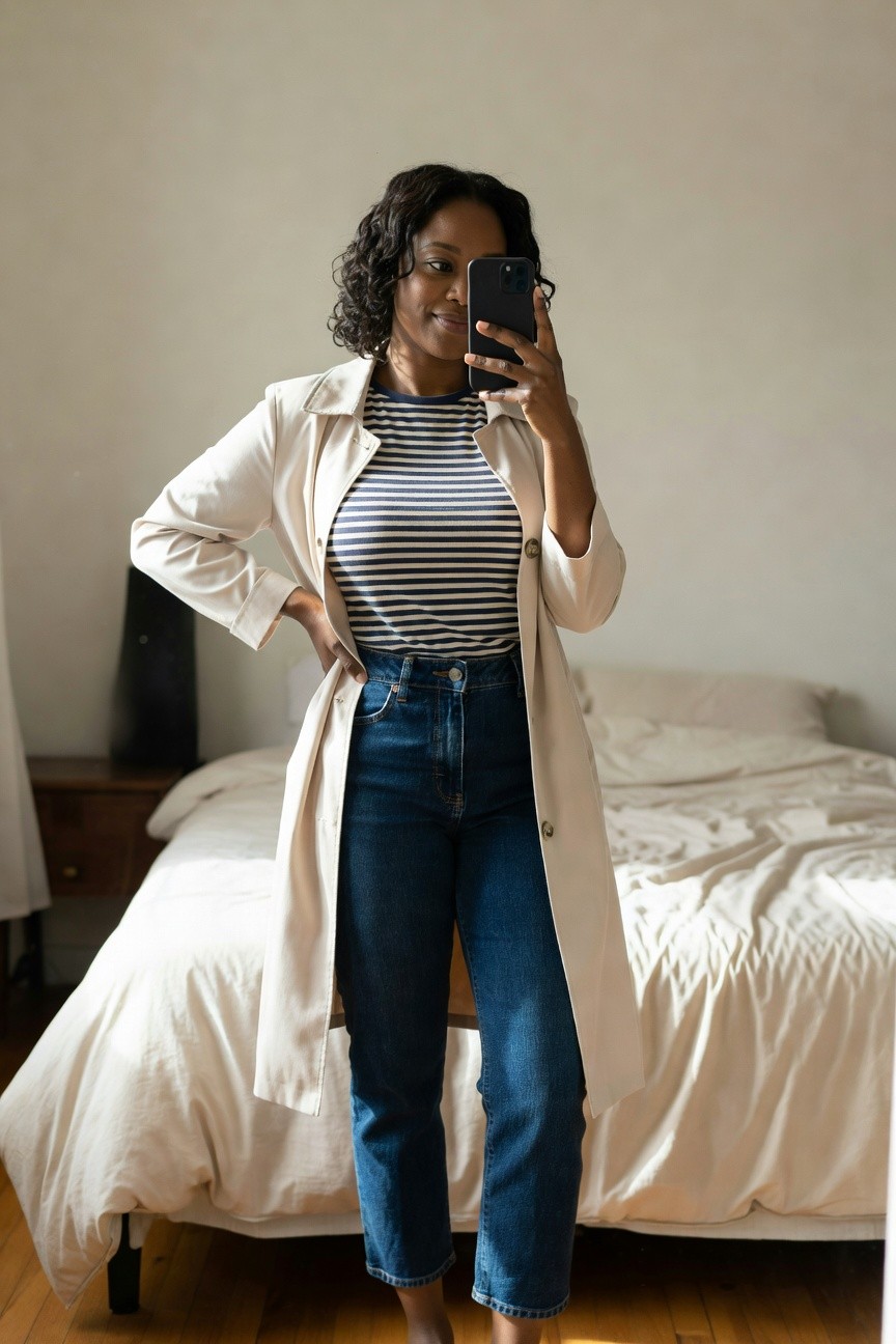 Trench Coat Over A Striped Top And Jeans