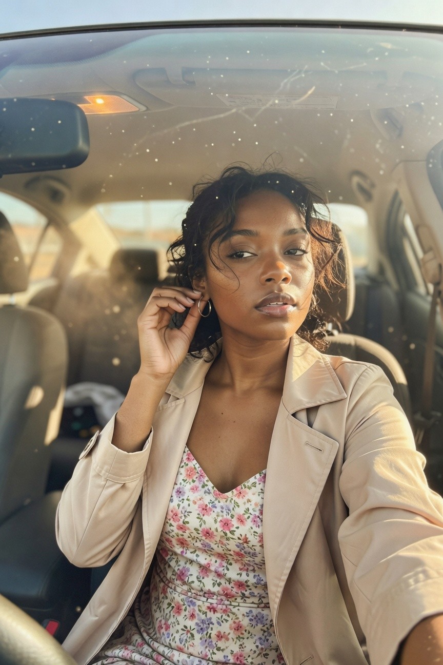 Woman in a light beige jacket over a pink and purple floral print dress with V neckline sitting inside a car.