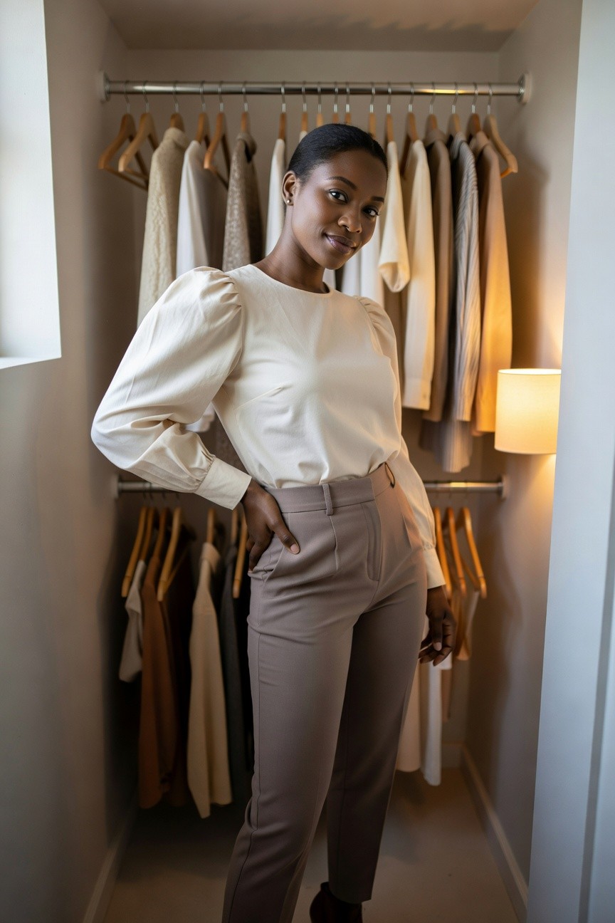 Black woman in cream puff sleeve blouse tucked into taupe tailored pants standing with hand on hip inside a closet