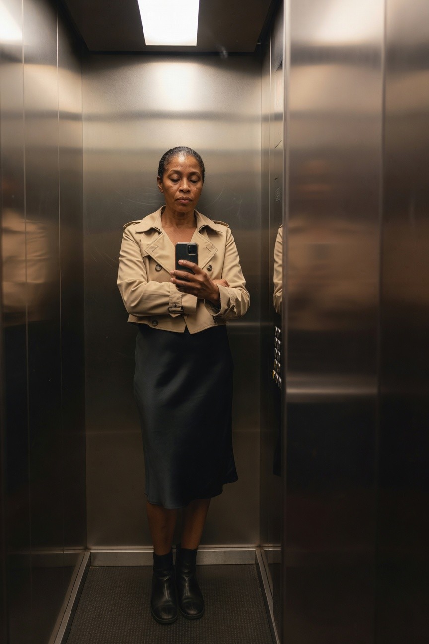 Cropped Beige Jacket Over Dark Skirt