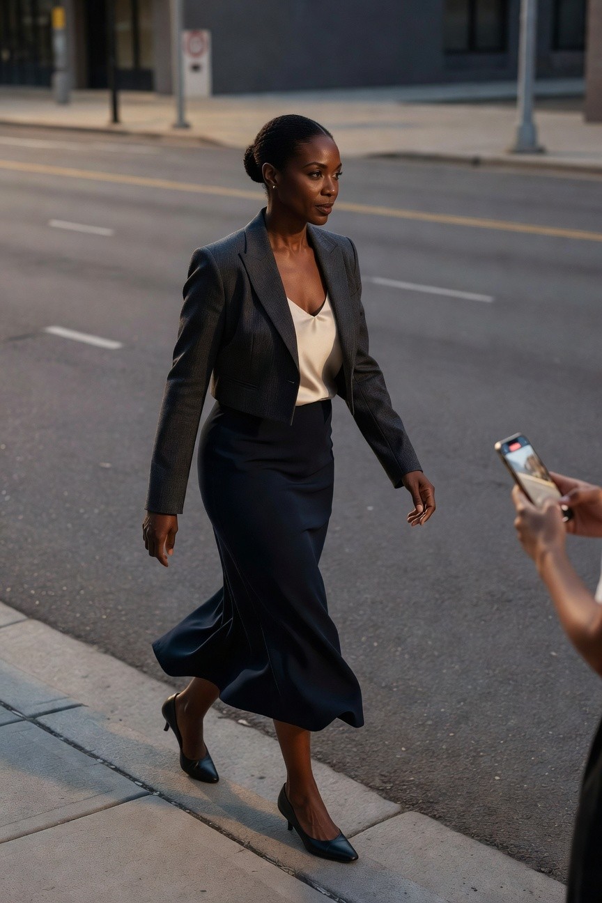 Cropped Gray Blazer With Navy Satin Skirt