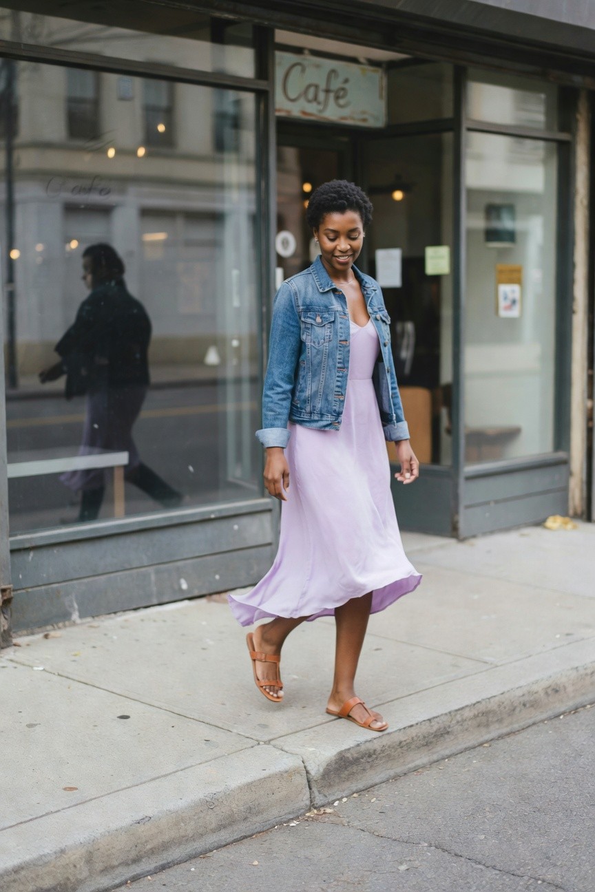 A Black woman wearing a lavender midi dress under a blue denim jacket with brown sandals on a city sidewalk.