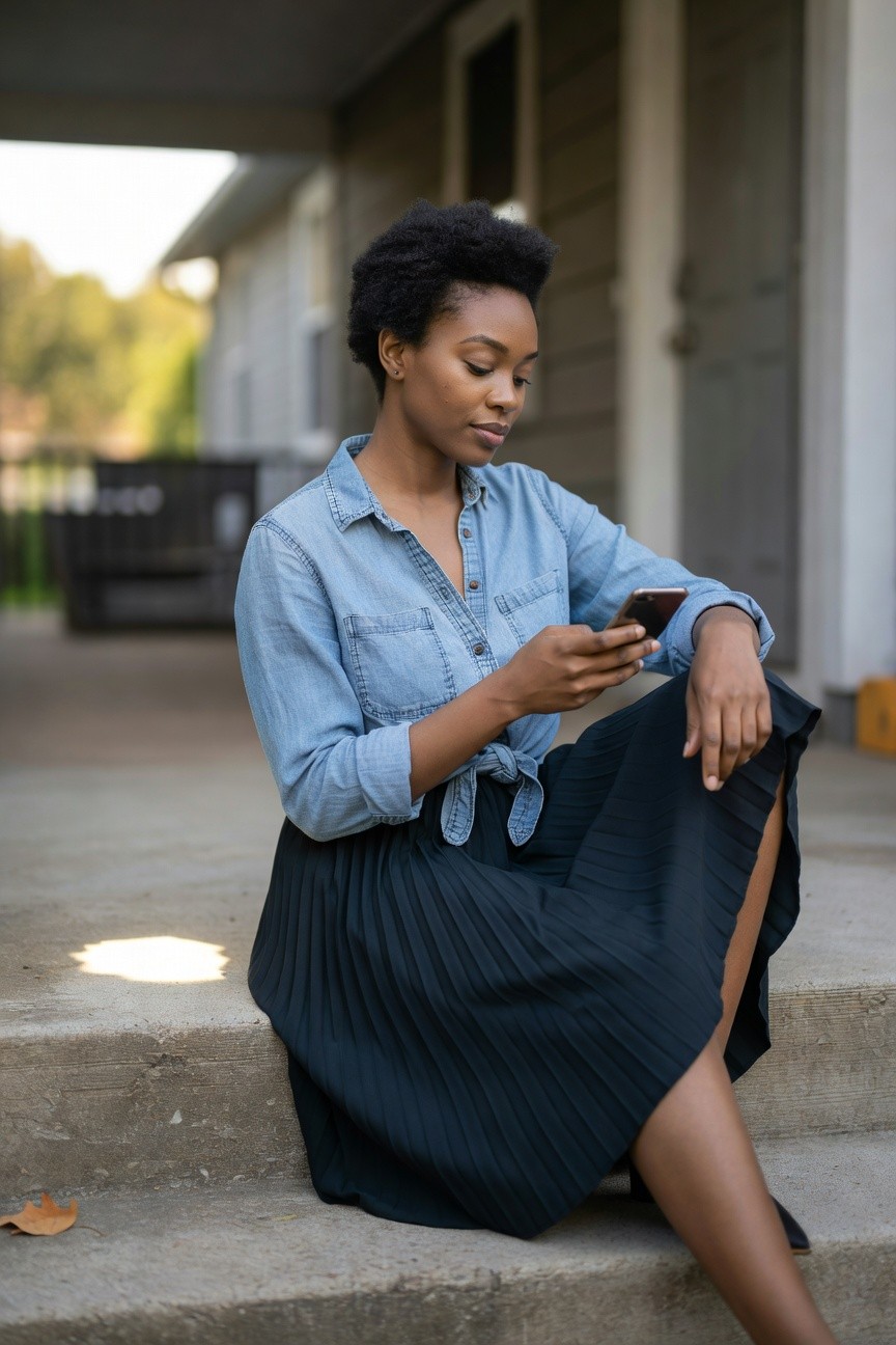 A Black woman sits on concrete steps wearing a light blue denim button-up shirt tied at the waist over a dark navy pleated midi skirt with a side slit, holding a smartphone and looking down at it.