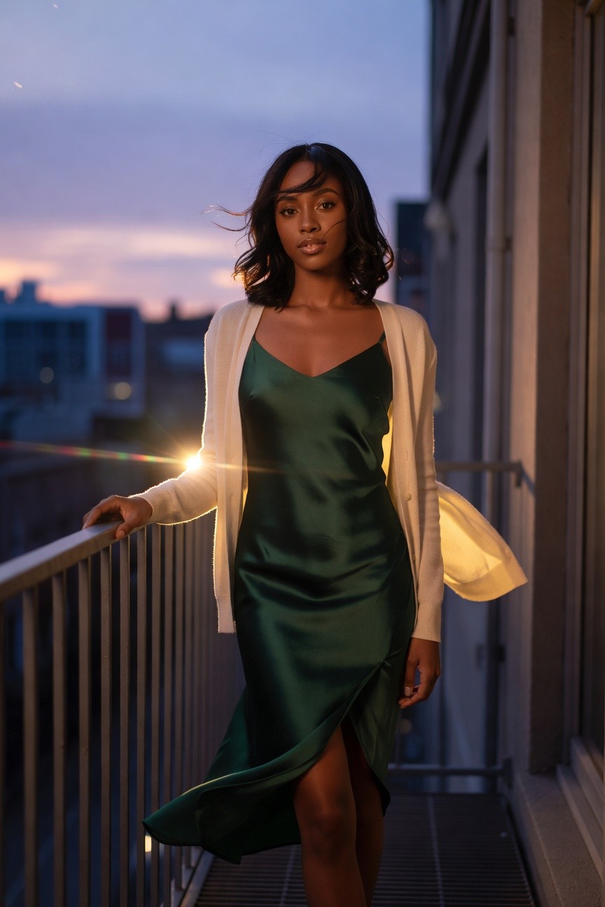 Green Satin Dress And Open Cardigan
