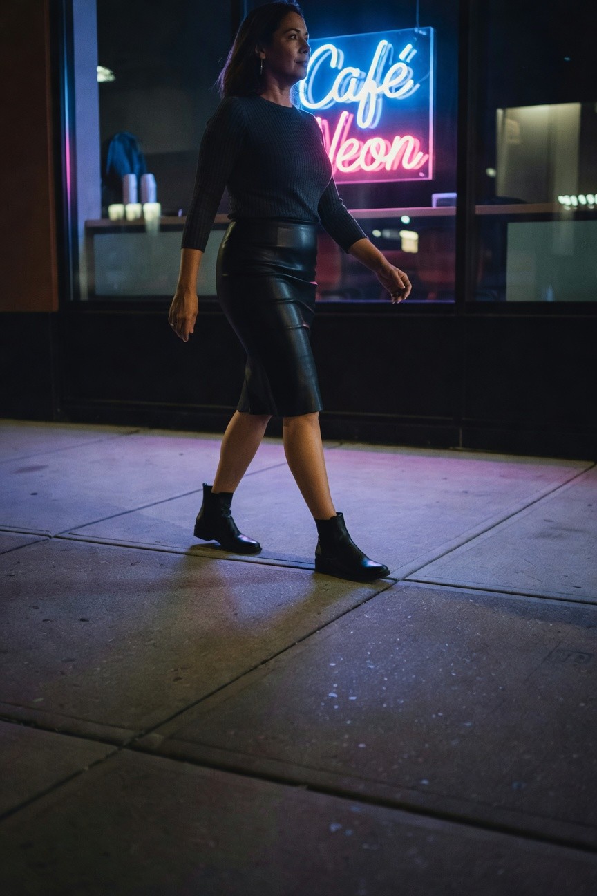 Leather Skirt Paired With Ribbed Top And Boots