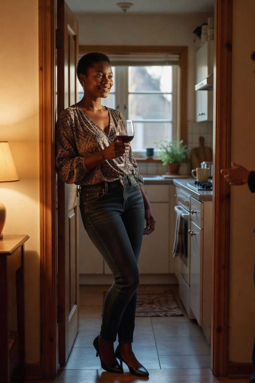 Black woman wearing a patterned v-neck blouse tucked into dark slim jeans with black pointed heels while holding a wine glass in a doorway