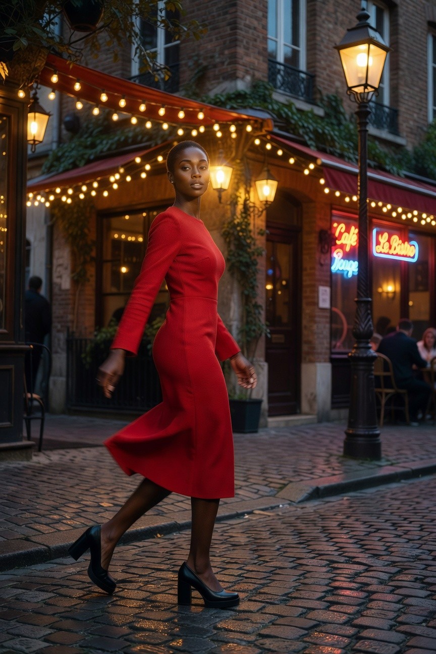 Red Midi Dress With Black Heels