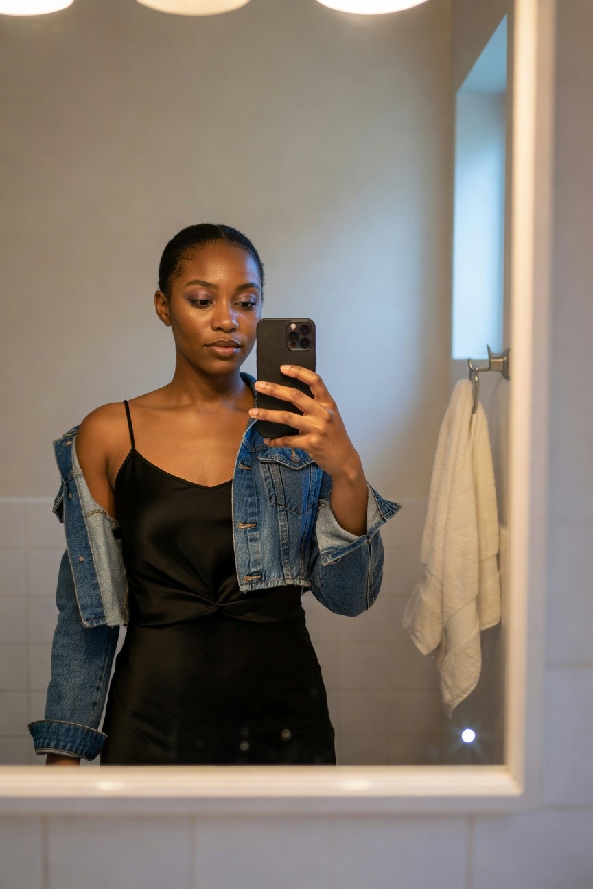 Black Satin Dress Layered With Denim Jacket