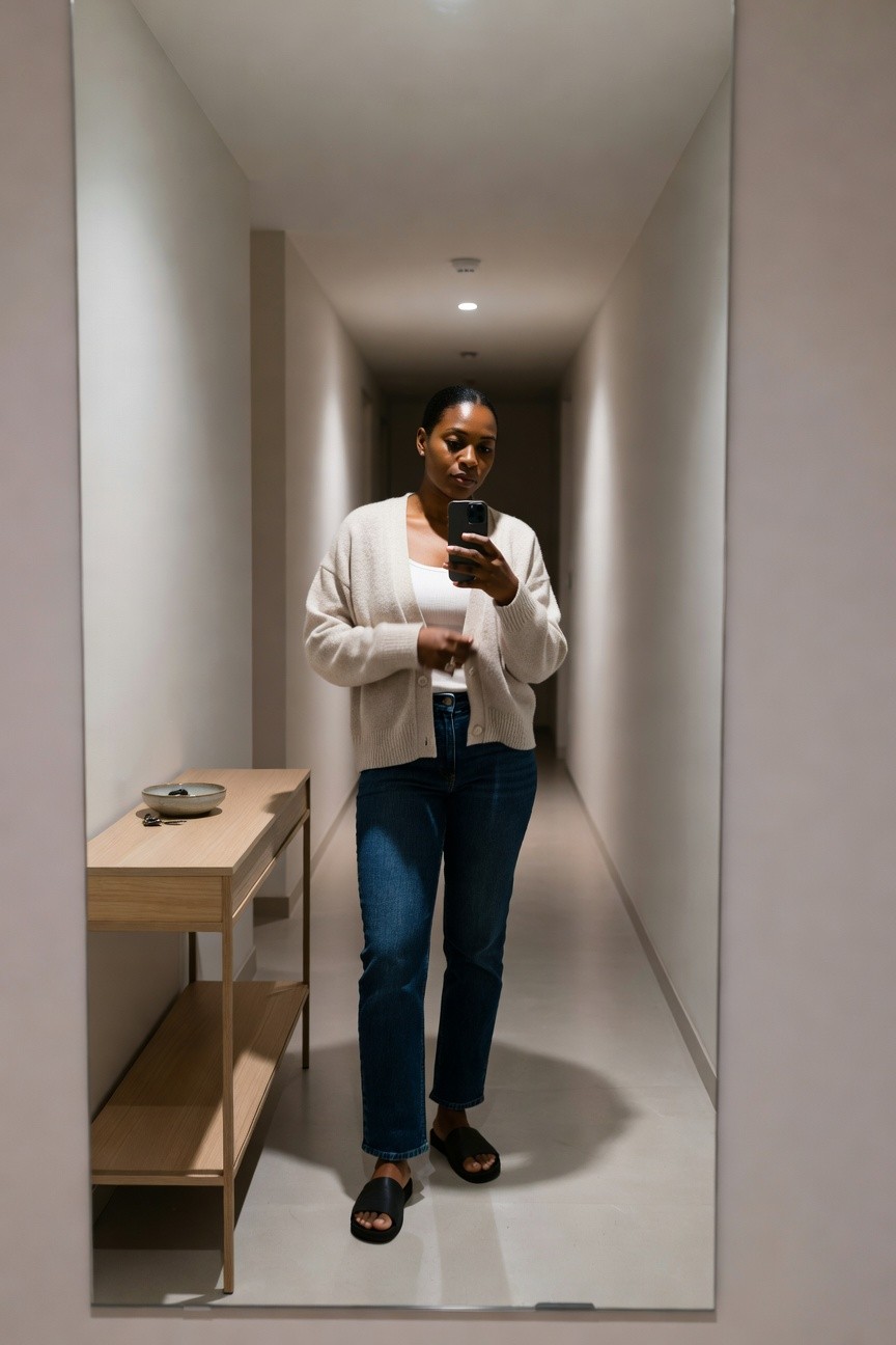 Cardigan Layered Over Jeans