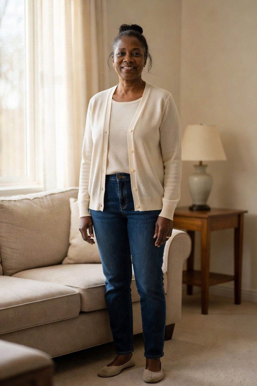 Cream Cardigan Over Jeans