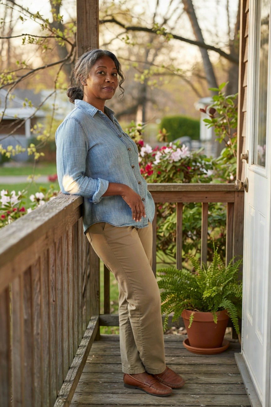 Denim Shirt With Neutral Pants