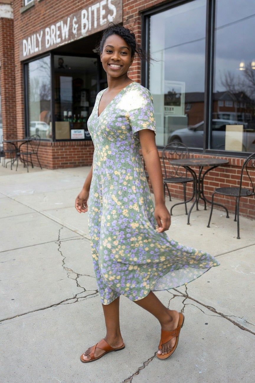 Black woman wearing a green floral print midi dress with short sleeves and a flowing skirt paired with brown flat sandals standing on a sidewalk.
