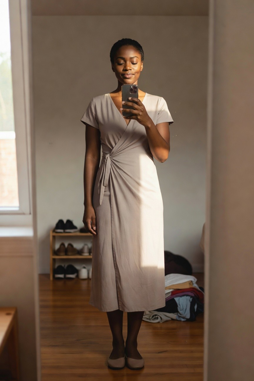 Neutral Wrap Dress With Flats