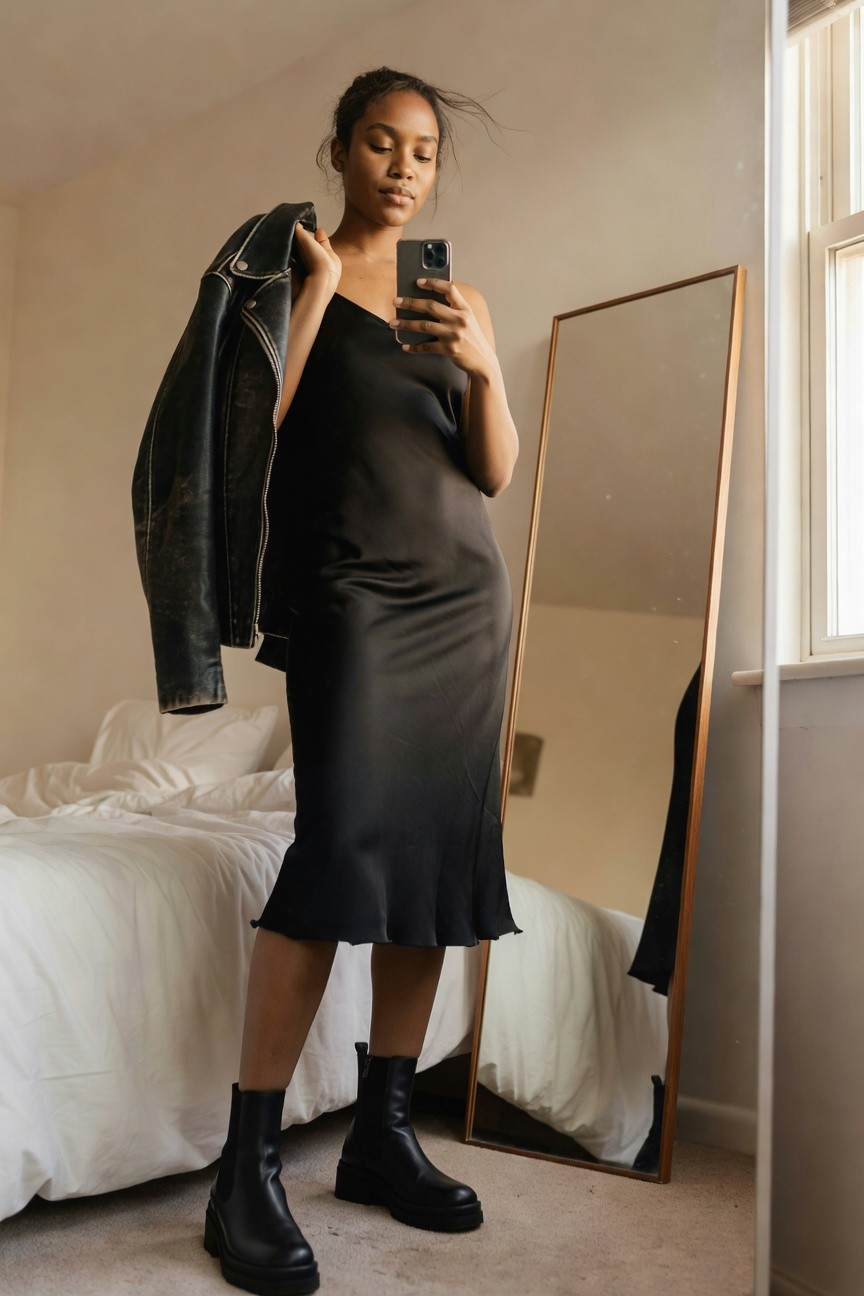 Black Slip Dress With Leather Jacket And Boots