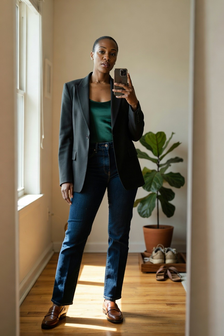 Blazer Over Camisole With Straight Jeans