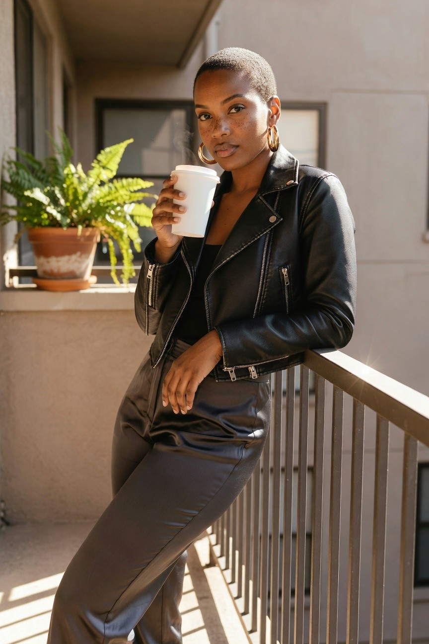 Cropped Moto Jacket With Dark Pants