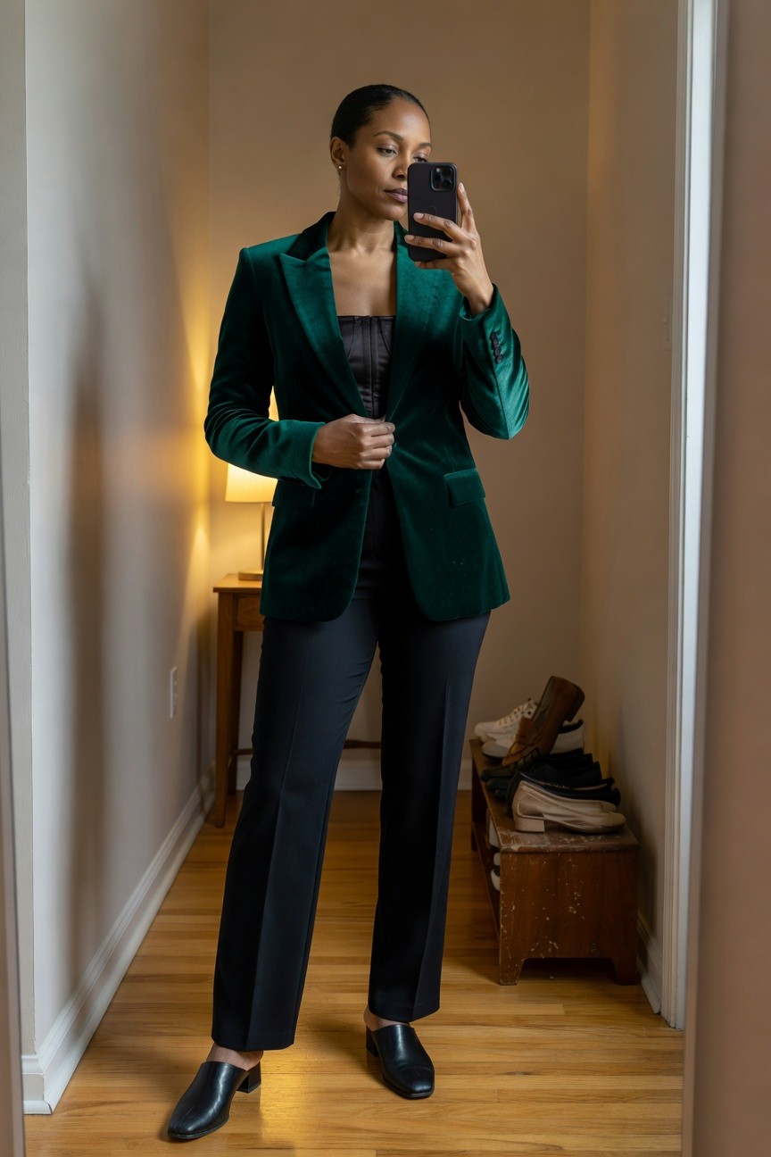 Dark Green Velvet Blazer With Black Pants