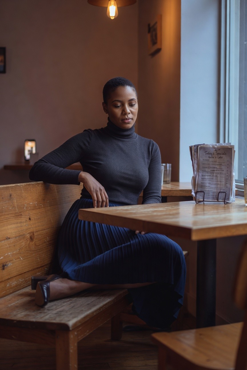 Dark Turtleneck And Navy Pleated Skirt