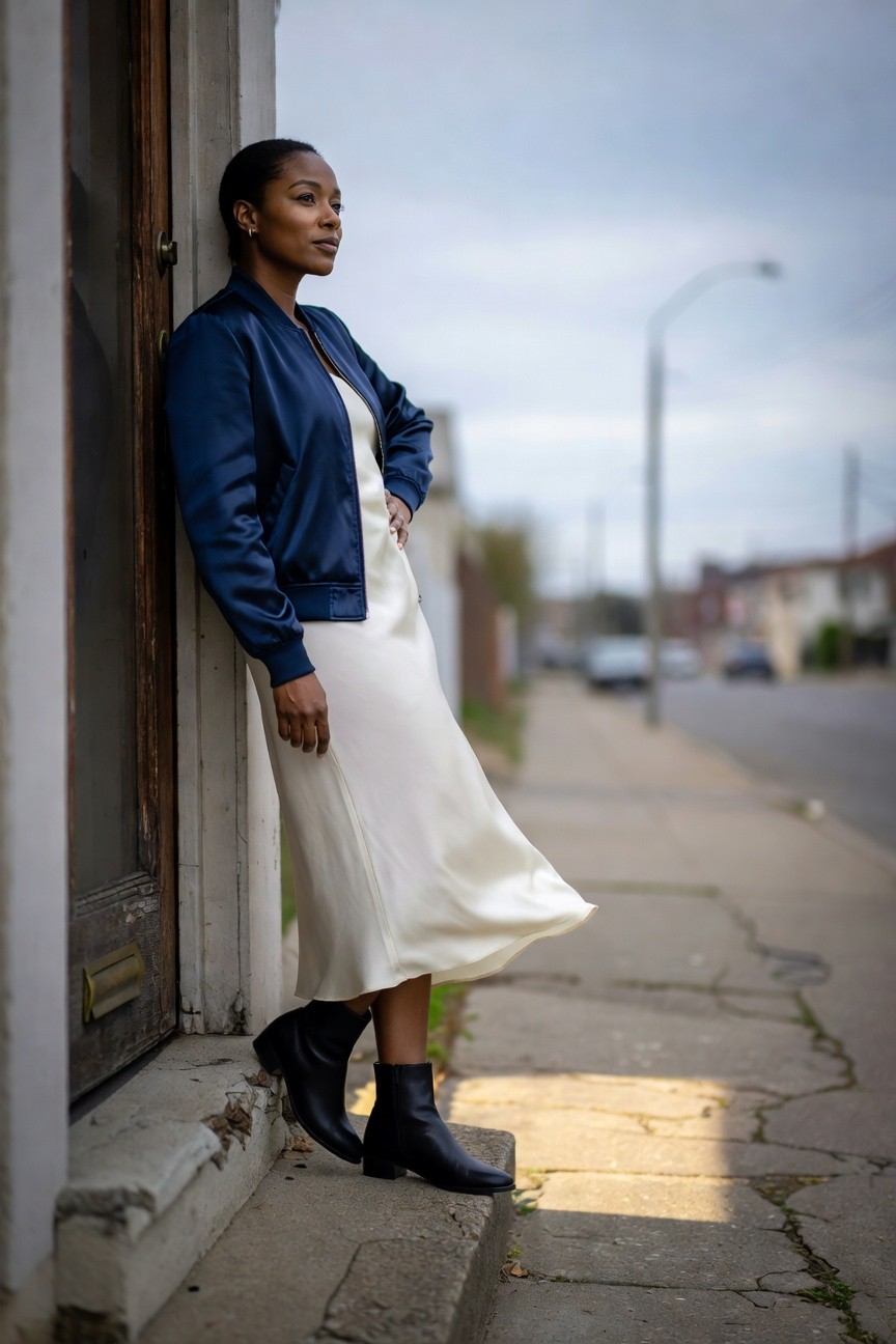 Navy Bomber Over White Dress